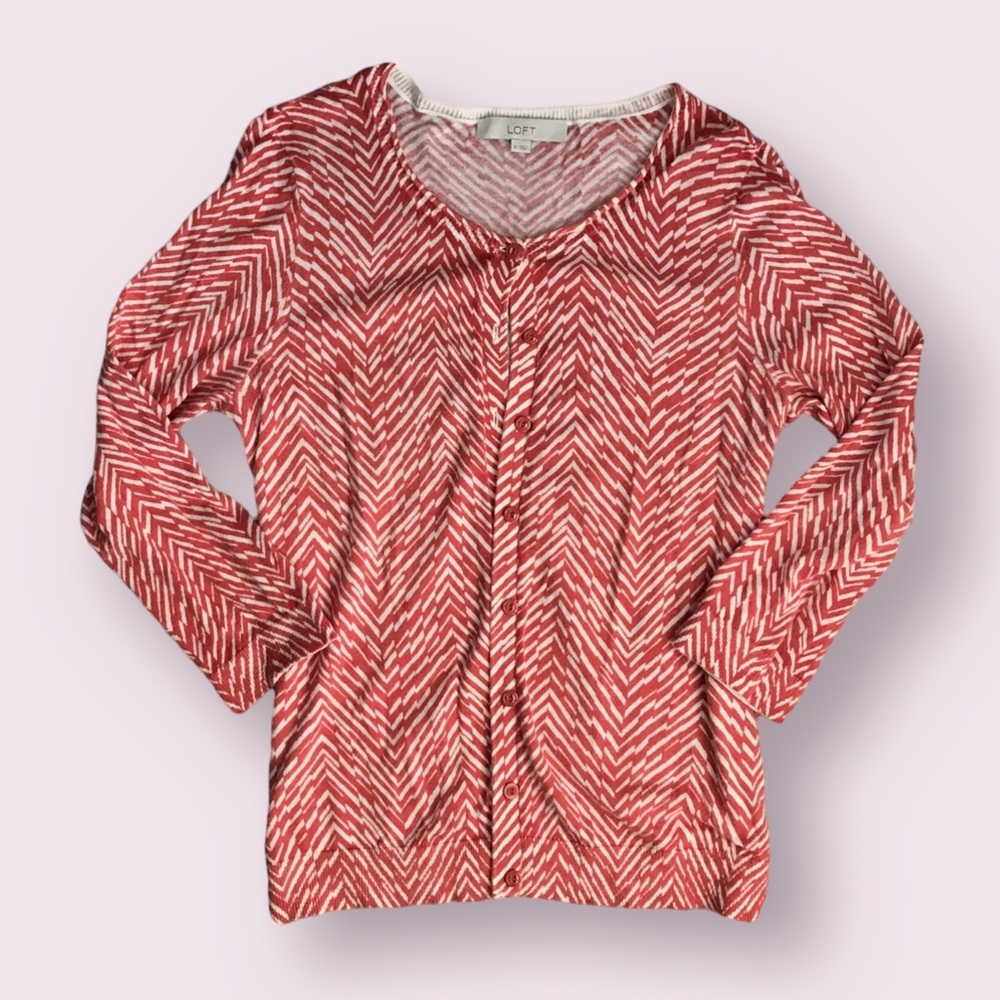 Orange & White LOFT Cardigan M Button-Down 3/4-Sleeve Animal Print